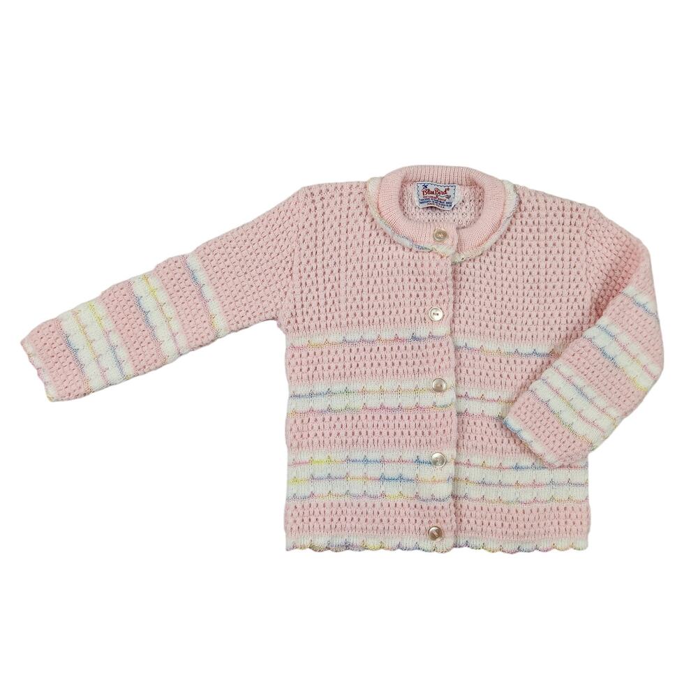 Blue Bird 18 Month Vintage Pink Pastel Stripe Knit Cardigan USA Made Cottagecore